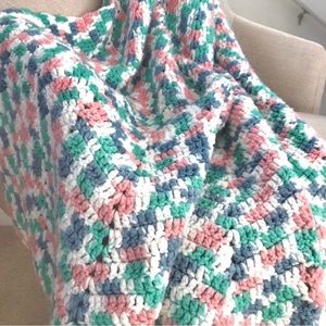 Vintage Afghan Crochet Throw Blanket Green Pink Blue White